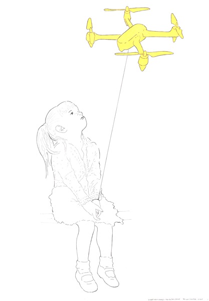 Sweet New World, the Golden Drone, Reiner Strasser 06/2018, ink and acrylic colour on paper, 70*100 cm.