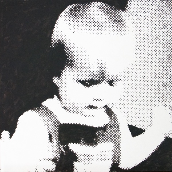 Self, Rasterbild, Childhood Memories, Reiner Strasser 2017, acrylic on canvas, brush drawing, 60*60 cm.